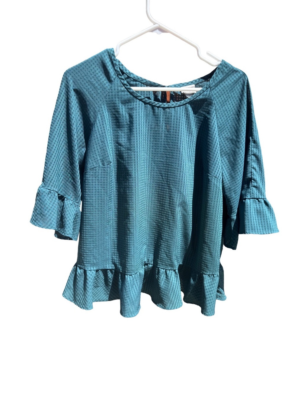 A New Day Target Green Peplum Blouse Textured Tonal Plaid 3/4 Ruffle Sleeve Top
